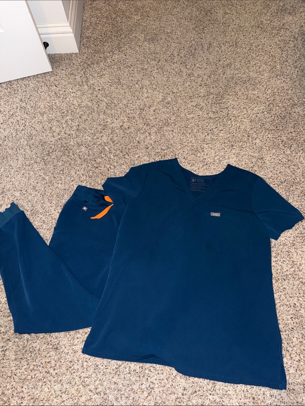 Figs teal Scrub Top and Pants with Orange Drawstring Accent
